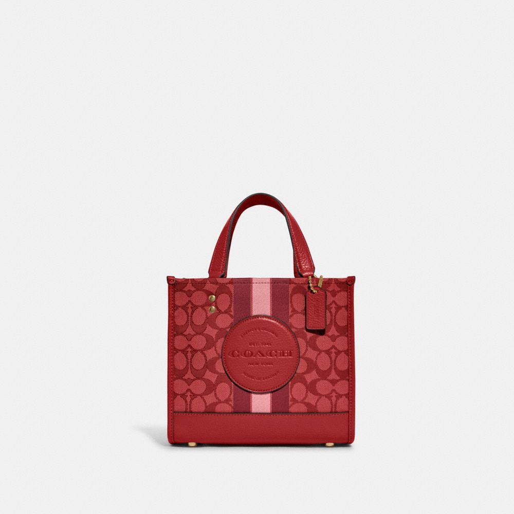COACH®,DEMPSEY TOTE BAG IN SIGNATURE JACQUARD WITH STRIPE AND COACH PATCH,Medium,Anniversary,Gold/Red Apple Multi,Front View
