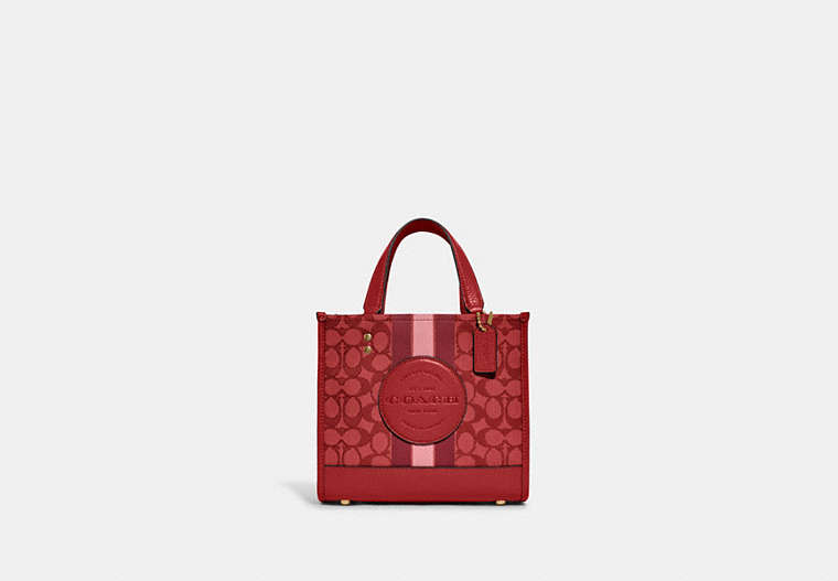 COACH®,DEMPSEY TOTE BAG IN SIGNATURE JACQUARD WITH STRIPE AND COACH PATCH,Jacquard,Medium,Anniversary,Gold/Red Apple Multi,Front View