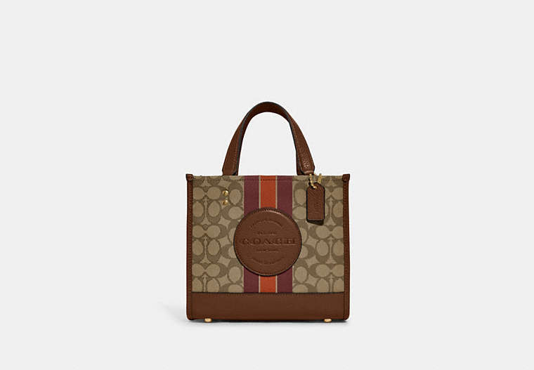 COACH®,DEMPSEY TOTE 22 IN SIGNATURE JACQUARD WITH STRIPE AND COACH PATCH,Jacquard,Medium,Anniversary,Im/Khaki/Saddle Multi,Front View image number 0