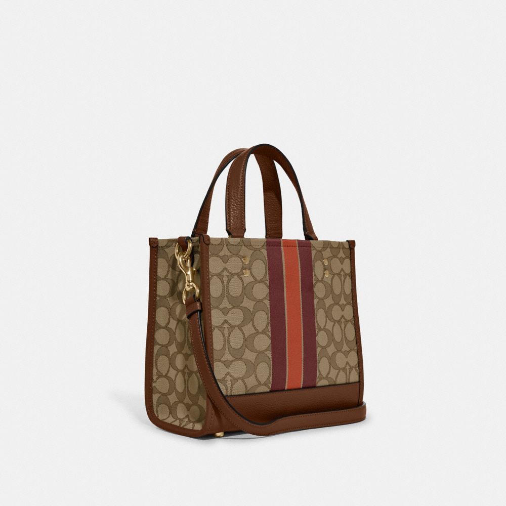 COACH®,DEMPSEY TOTE BAG IN SIGNATURE JACQUARD WITH STRIPE AND COACH PATCH,Medium,Anniversary,Im/Khaki/Saddle Multi,Angle View