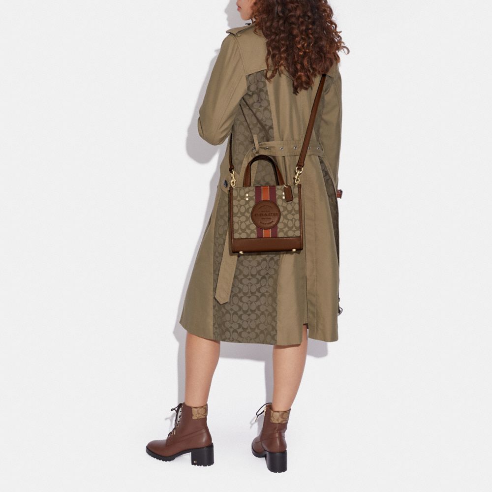 COACH®,Dempsey Tote Bag In Signature Jacquard With Stripe And Coach Patch,Cotton Blend,Recycled Polyester,Leather,Tote,Stu...,Multi Color,Detail View