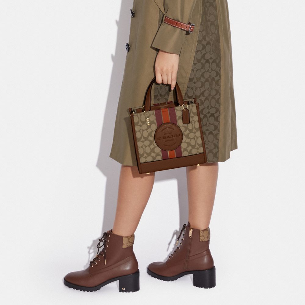 COACH®,Dempsey Tote Bag In Signature Jacquard With Stripe And Coach Patch,Cotton Blend,Recycled Polyester,Leather,Tote,Stu...,Multi Color,Detail View