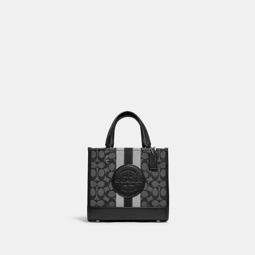 COACH®,DEMPSEY TOTE BAG IN SIGNATURE JACQUARD WITH STRIPE AND COACH PATCH,Medium,Anniversary,Silver/Black Smoke Black Multi,Front View