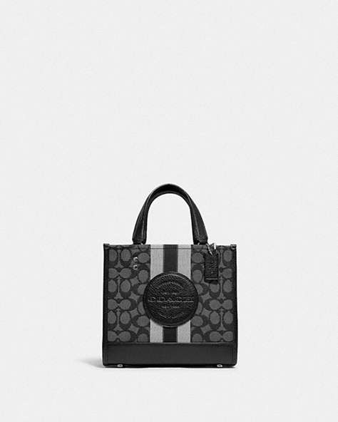 COACH®,DEMPSEY TOTE 22 IN SIGNATURE JACQUARD WITH STRIPE AND COACH PATCH,Jacquard,Medium,Anniversary,Silver/Black Smoke Black Multi,Front View