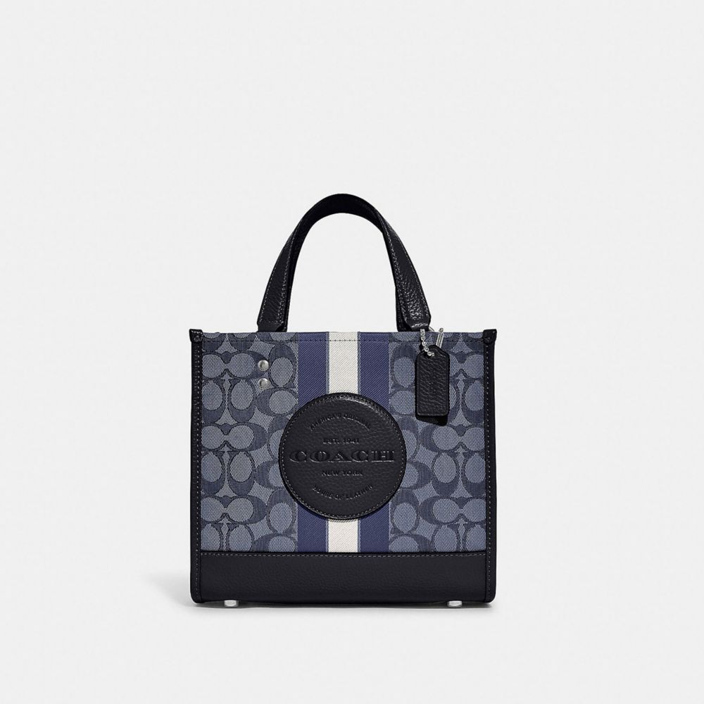 COACH®,DEMPSEY TOTE BAG IN SIGNATURE JACQUARD WITH STRIPE AND COACH PATCH,Medium,Anniversary,Silver/Denim/Midnight Navy Multi,Front View