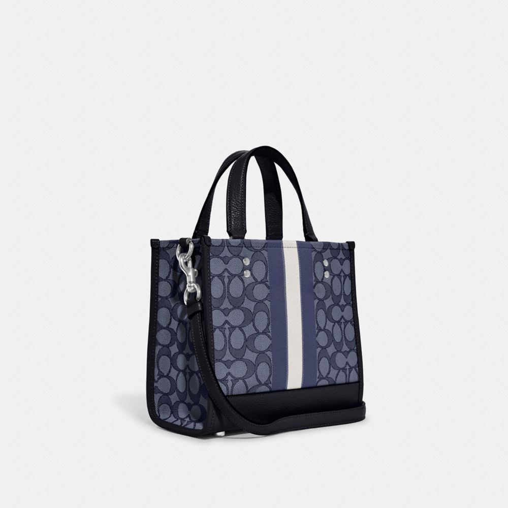 COACH®,DEMPSEY TOTE BAG IN SIGNATURE JACQUARD WITH STRIPE AND COACH PATCH,Medium,Anniversary,Silver/Denim/Midnight Navy Multi,Angle View