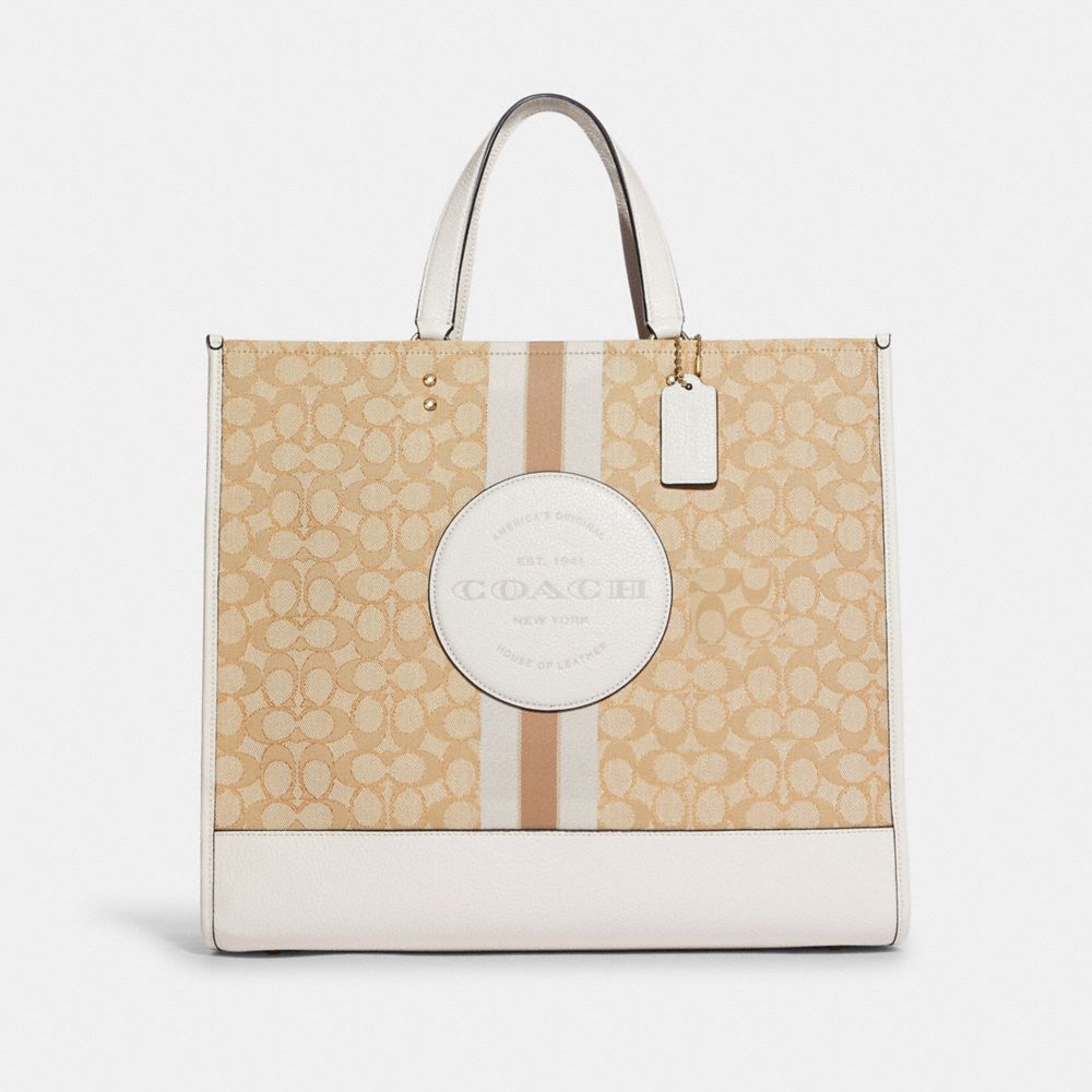 COACH®,DEMPSEY TOTE BAG 40 IN SIGNATURE JACQUARD WITH STRIPE AND COACH PATCH,Large,Office,Gold/Light Khaki Chalk,Front View