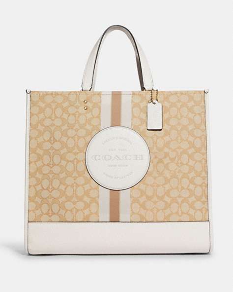 COACH®,DEMPSEY TOTE 40 IN SIGNATURE JACQUARD WITH STRIPE AND COACH PATCH,Jacquard,Large,Office,Gold/Light Khaki Chalk,Front View