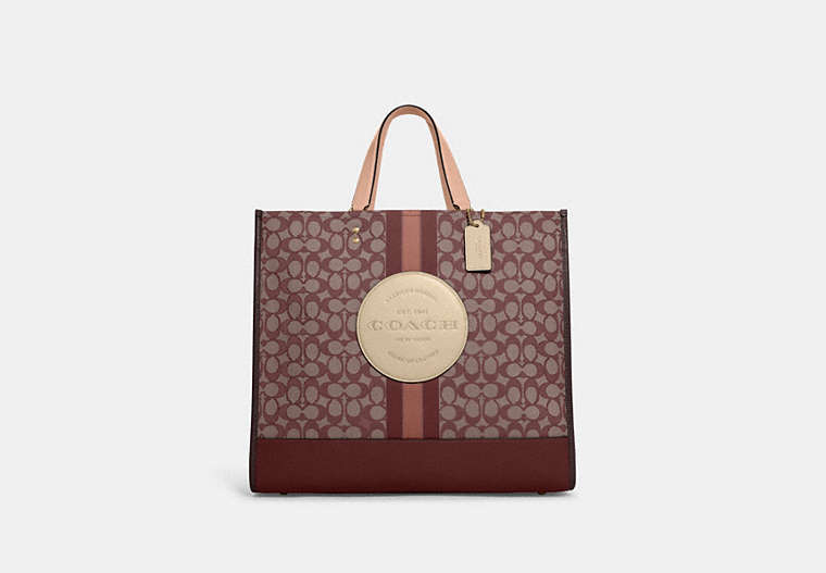 COACH®,DEMPSEY TOTE BAG 40 IN SIGNATURE JACQUARD WITH STRIPE AND COACH PATCH,Jacquard,Large,Office,Gold/Wine Multi,Front View