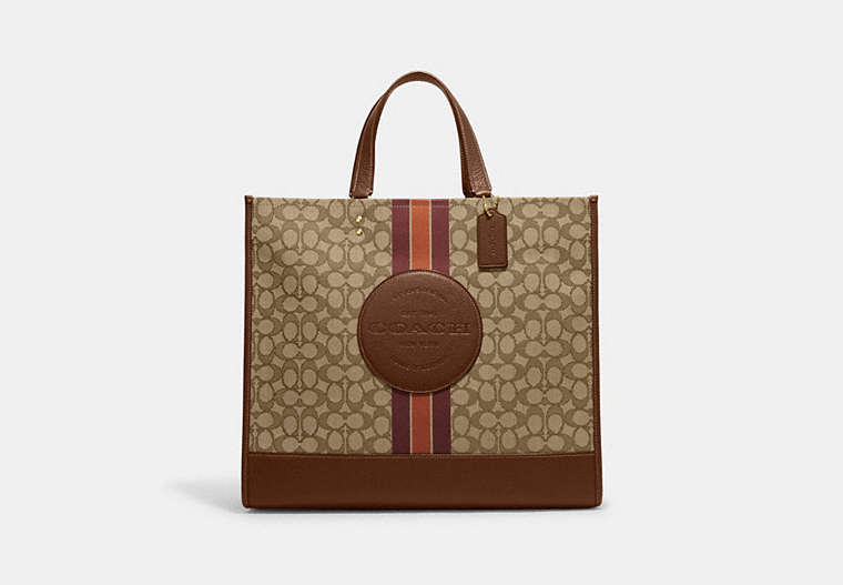 COACH®,DEMPSEY TOTE 40 IN SIGNATURE JACQUARD WITH STRIPE AND COACH PATCH,Jacquard,Large,Office,Im/Khaki/Saddle Multi,Front View image number 0