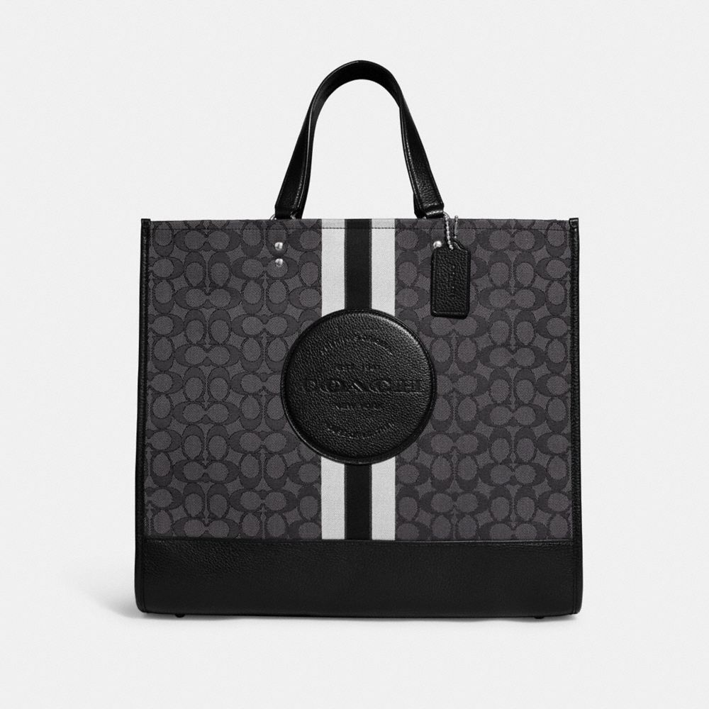 COACH®,DEMPSEY TOTE BAG 40 IN SIGNATURE JACQUARD WITH STRIPE AND COACH PATCH,Large,Office,Silver/Black Smoke Black Multi,Front View