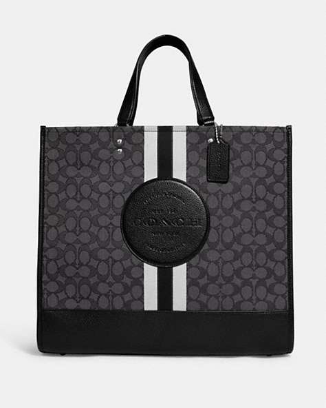 COACH®,DEMPSEY TOTE 40 IN SIGNATURE JACQUARD WITH STRIPE AND COACH PATCH,Jacquard,Large,Office,Silver/Black Smoke Black Multi,Front View