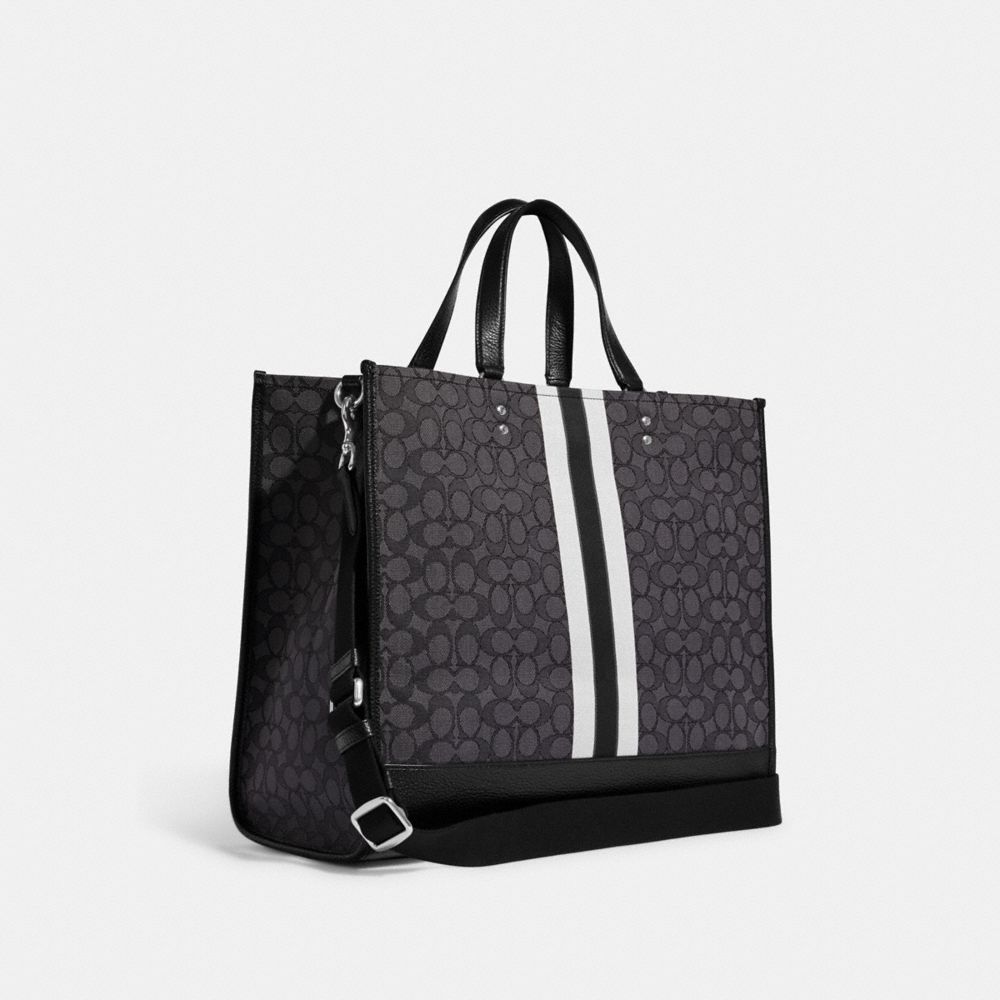 COACH®,DEMPSEY TOTE BAG 40 IN SIGNATURE JACQUARD WITH STRIPE AND COACH PATCH,Large,Office,Silver/Black Smoke Black Multi,Angle View