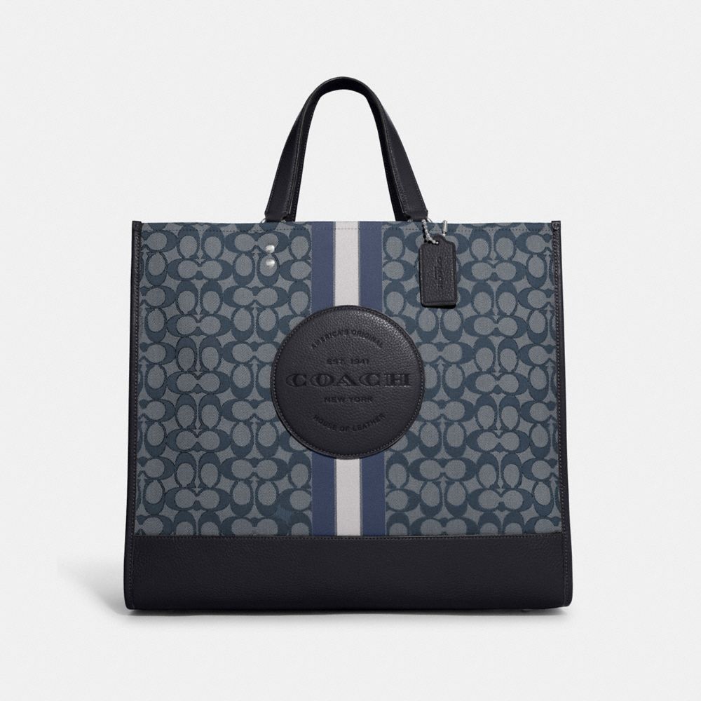 COACH®,DEMPSEY TOTE BAG 40 IN SIGNATURE JACQUARD WITH STRIPE AND COACH PATCH,Large,Office,Silver/Denim/Midnight Navy Multi,Front View
