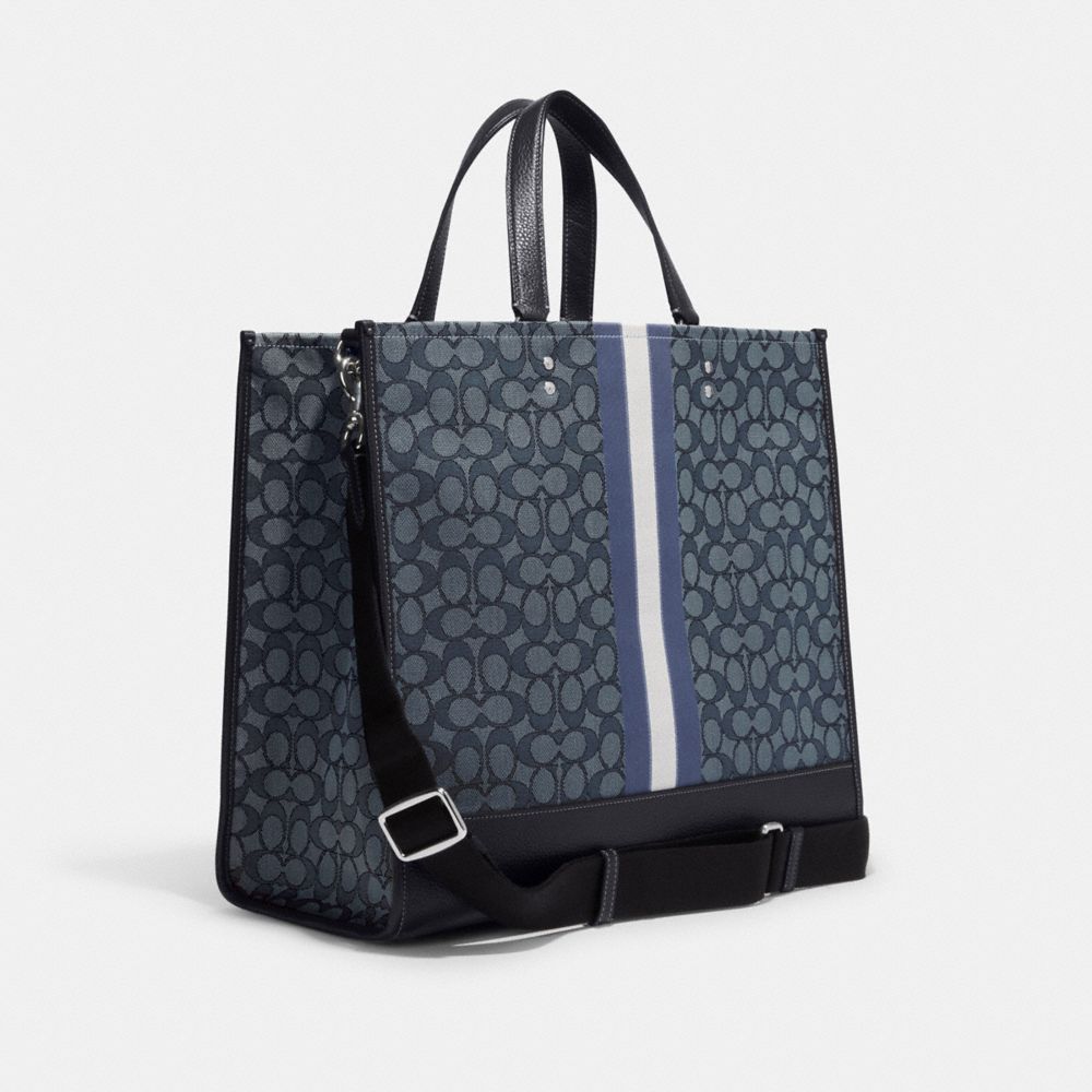 COACH®,DEMPSEY TOTE BAG 40 IN SIGNATURE JACQUARD WITH STRIPE AND COACH PATCH,Large,Office,Silver/Denim/Midnight Navy Multi,Angle View
