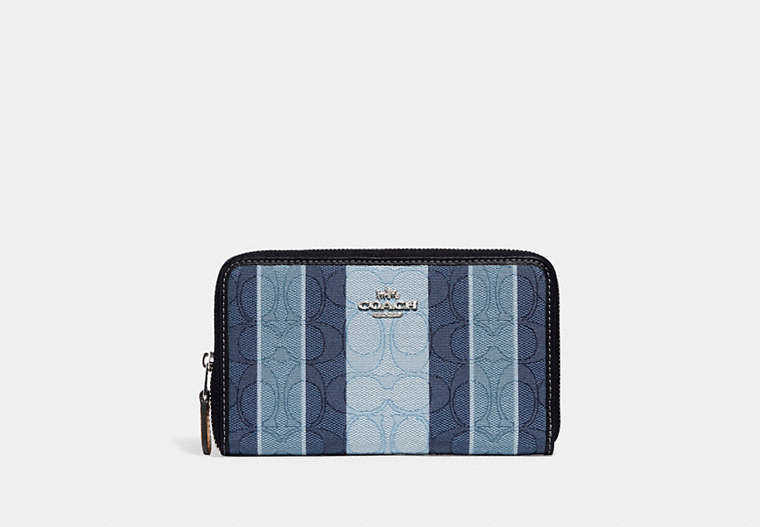 COACH®,MEDIUM ID ZIP WALLET IN SIGNATURE JACQUARD WITH STRIPES,Signature Jacquard,Mini,Silver/Midnight Multi,Front View