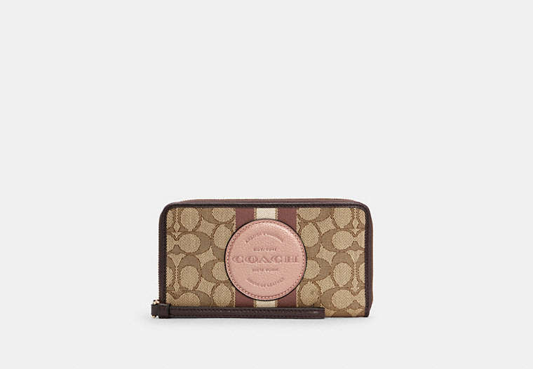 COACH®,DEMPSEY LARGE PHONE WALLET IN SIGNATURE JACQUARD WITH STRIPE AND COACH PATCH,Gold/Khaki/Vintage Mauve Multi,Front View