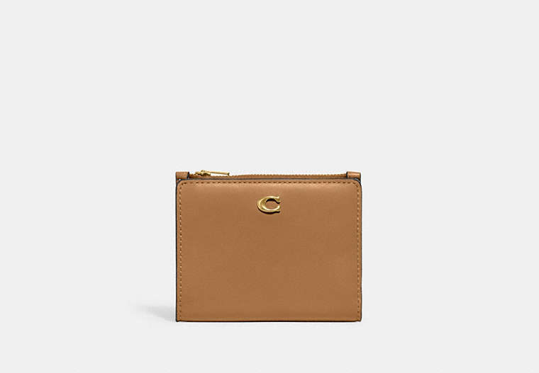 COACH®,BIFOLD SNAP WALLET,Refined Calf Leather,Mini,Brass/Light Camel,Front View