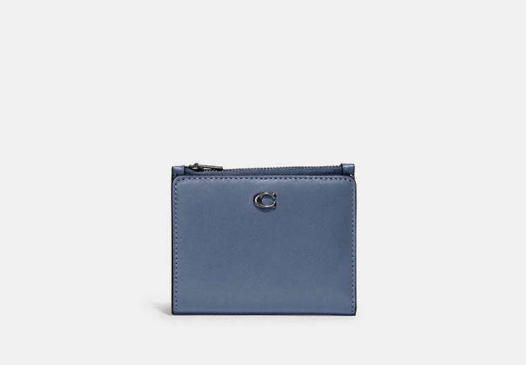 COACH®,BIFOLD SNAP WALLET,Refined Calf Leather,Mini,Pewter/Washed Chambray,Front View