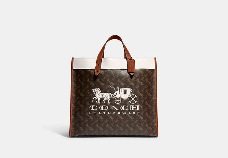 COACH®,FIELD TOTE 40 WITH HORSE AND CARRIAGE PRINT,Printed Coated Canvas,X-Large,Black Copper/Truffle/Chalk,Front View