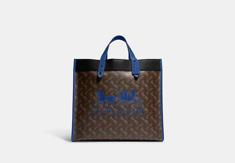 COACH®,FIELD TOTE BAG 40 WITH HORSE AND CARRIAGE PRINT,Printed Coated Canvas,X-Large,Black Copper/Truffle/Blue Fin,Front View
