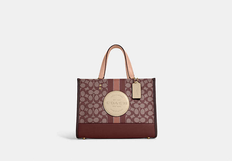 COACH®,DEMPSEY CARRYALL BAG IN SIGNATURE JACQUARD WITH STRIPE AND COACH PATCH,Jacquard,Large,Travel,Gold/Wine Multi,Front View