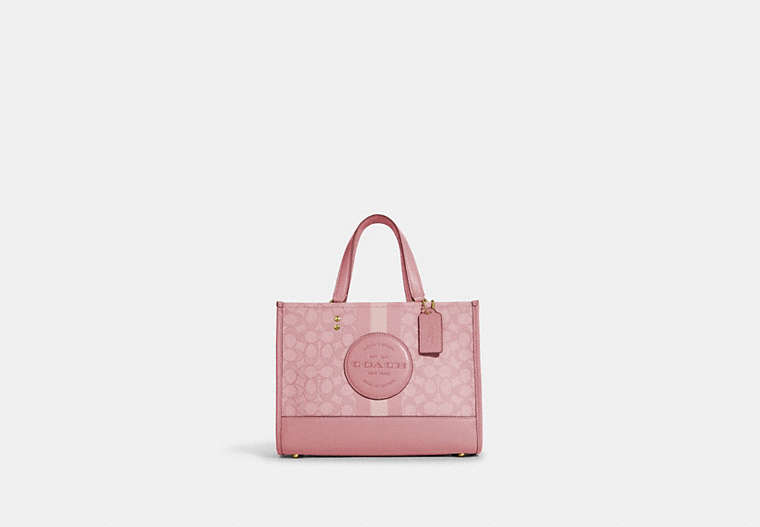 COACH®,DEMPSEY CARRYALL IN SIGNATURE JACQUARD WITH STRIPE AND COACH PATCH,Jacquard,Large,Travel,Gold/True Pink Multi,Front View