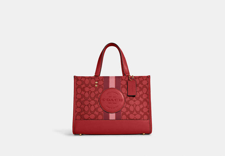 COACH®,DEMPSEY CARRYALL BAG IN SIGNATURE JACQUARD WITH STRIPE AND COACH PATCH,Jacquard,Large,Travel,Gold/Red Apple Multi,Front View