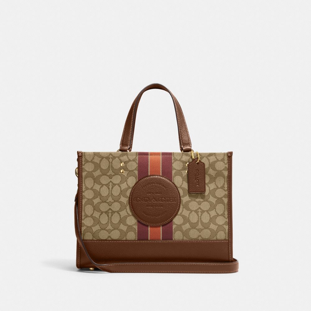 COACH®,DEMPSEY CARRYALL BAG IN SIGNATURE JACQUARD WITH STRIPE AND COACH PATCH,Large,Travel,Im/Khaki/Saddle Multi,Front View