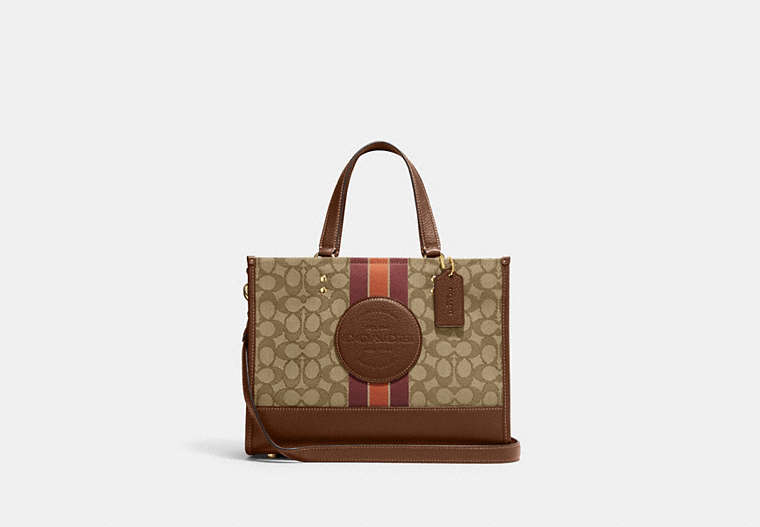 COACH®,DEMPSEY CARRYALL IN SIGNATURE JACQUARD WITH STRIPE AND COACH PATCH,Jacquard,Large,Travel,Im/Khaki/Saddle Multi,Front View image number 0