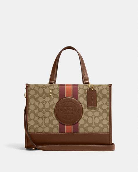 COACH®,DEMPSEY CARRYALL IN SIGNATURE JACQUARD WITH STRIPE AND COACH PATCH,Jacquard,Large,Travel,Im/Khaki/Saddle Multi,Front View
