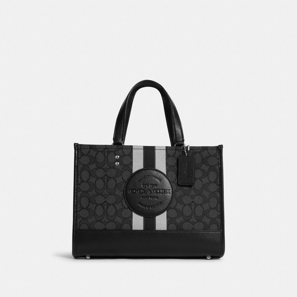 COACH®,DEMPSEY CARRYALL BAG IN SIGNATURE JACQUARD WITH STRIPE AND COACH PATCH,Large,Travel,Silver/Black Smoke Black Multi,Front View