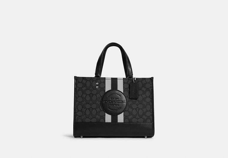 COACH®,DEMPSEY CARRYALL IN SIGNATURE JACQUARD WITH STRIPE AND COACH PATCH,Jacquard,Large,Travel,Silver/Black Smoke Black Multi,Front View