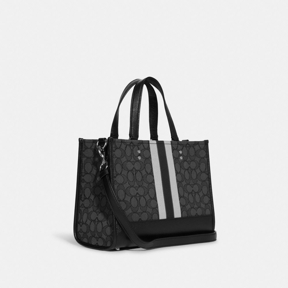 COACH®,DEMPSEY CARRYALL BAG IN SIGNATURE JACQUARD WITH STRIPE AND COACH PATCH,Large,Travel,Silver/Black Smoke Black Multi,Angle View
