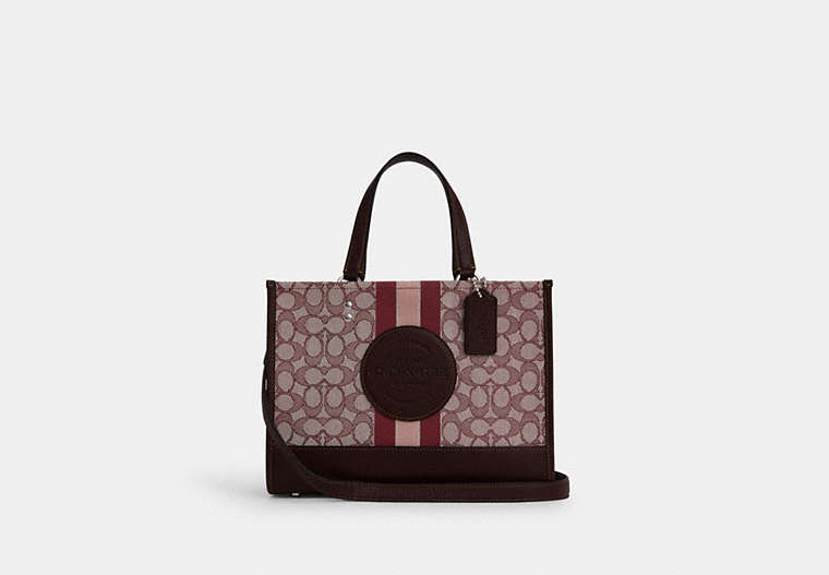 COACH®,DEMPSEY CARRYALL IN SIGNATURE JACQUARD WITH STRIPE AND COACH PATCH,Jacquard,Large,Travel,Silver/Dark Burgundy Multi,Front View image number 0