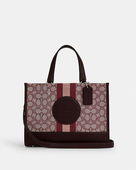 COACH®,DEMPSEY CARRYALL IN SIGNATURE JACQUARD WITH STRIPE AND COACH PATCH,Jacquard,Large,Travel,Silver/Dark Burgundy Multi,Front View