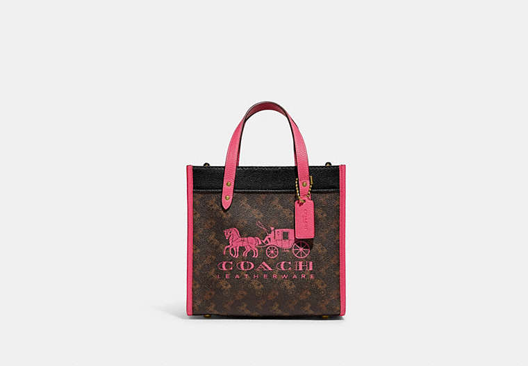 COACH®,FIELD TOTE 22 WITH HORSE AND CARRIAGE PRINT AND CARRIAGE BADGE,Printed Coated Canvas,Medium,Brass/Truffle Petunia,Front View