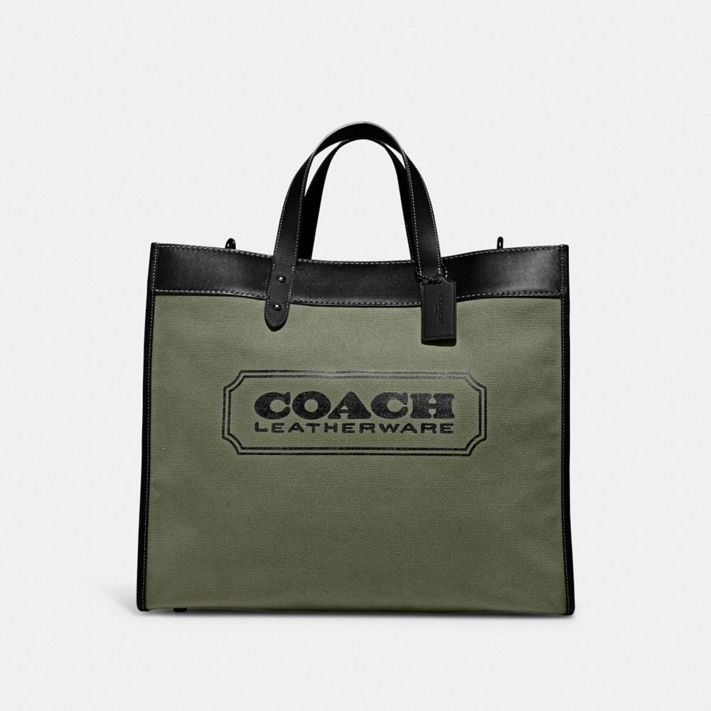 COACH®,FIELD TOTE BAG 40 IN ORGANIC COTTON CANVAS WITH COACH BADGE,Organic Cotton,X-Large,Army Green/Black Copper,Front View image number 0