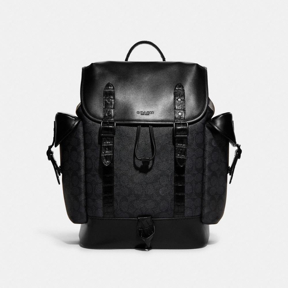 COACH®,HITCH BACKPACK IN SIGNATURE CANVAS WITH CROCODILE DETAIL,Signature Coated Canvas,Large,Black Copper/Charcoal,Front View