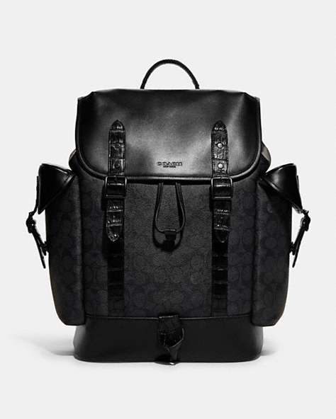 COACH®,HITCH BACKPACK IN SIGNATURE CANVAS WITH CROCODILE DETAIL,Signature Coated Canvas,Large,Black Copper/Charcoal,Front View