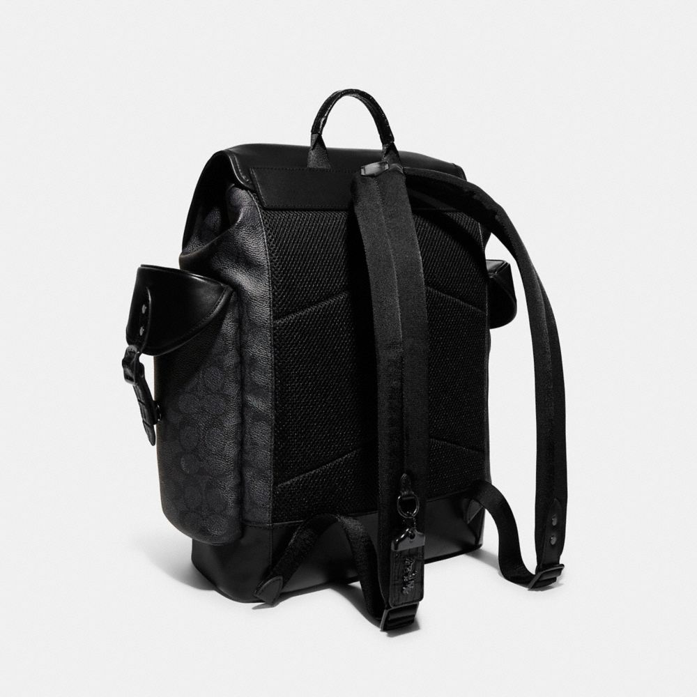 COACH®,Hitch Backpack In Signature Canvas With Crocodile Detail,Canvas,Leather,Backpack,Embossed,Animal Skin Embossing,Log...,Black,Angle View