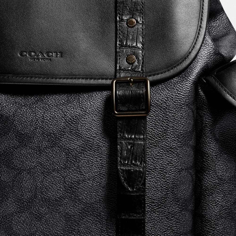 COACH®,Hitch Backpack In Signature Canvas With Crocodile Detail,Canvas,Leather,Backpack,Embossed,Animal Skin Embossing,Log...,Black,Closer View