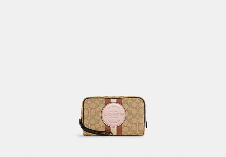 COACH®,DEMPSEY BOXY COSMETIC CASE 20 IN SIGNATURE JACQUARD WITH STRIPE AND COACH PATCH,cotton,Small,Gold/Khaki/Vintage Mauve Multi,Front View image number 0