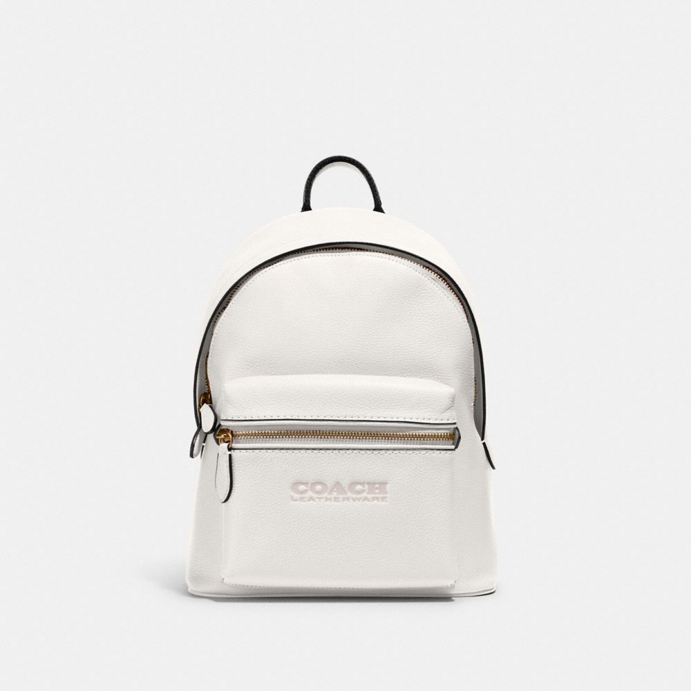 COACH®,CHARTER BACKPACK 24,Refined Pebble Leather,Medium,Brass/Chalk,Front View image number 0