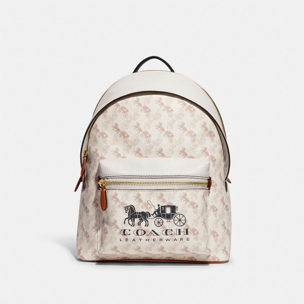 COACH®,CHARTER BACKPACK WITH HORSE AND CARRIAGE PRINT,Printed Coated Canvas,X-Large,Brass/Chalk Burnished Amber,Front View image number 0