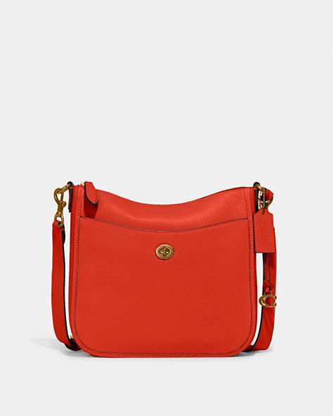 COACH®,CHAISE CROSSBODY,Pebbled Leather,Small,Brass/Red Orange,Front View