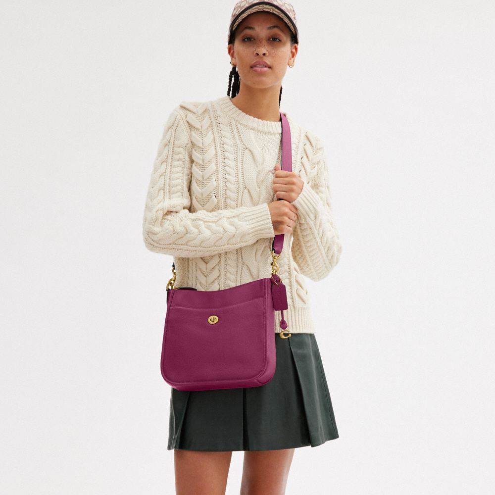 COACH®,Chaise Crossbody Bag,Leather,Hobo,Logo,Metal,Gold Metal,Casual,Purple,Detail View
