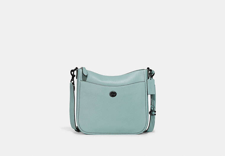 COACH®,CHAISE CROSSBODY,Pebbled Leather,Small,Pewter/Aqua,Front View