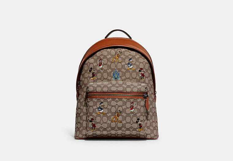 COACH®,DISNEY X COACH CHARTER BACKPACK IN SIGNATURE TEXTILE JACQUARD WITH MICKEY MOUSE AND FRIENDS EMBROIDERY,Si...,0 V/Cocoa,Front View