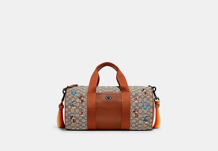 COACH®,DISNEY X COACH DUFFLE IN SIGNATURE TEXTILE JACQUARD WITH MICKEY MOUSE AND FRIENDS EMBROIDERY,Signature Ja...,0 V/Cocoa,Front View